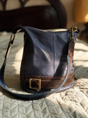 Genuine Leather Italian Bag Crossbody / Shoulder Navy and Brown